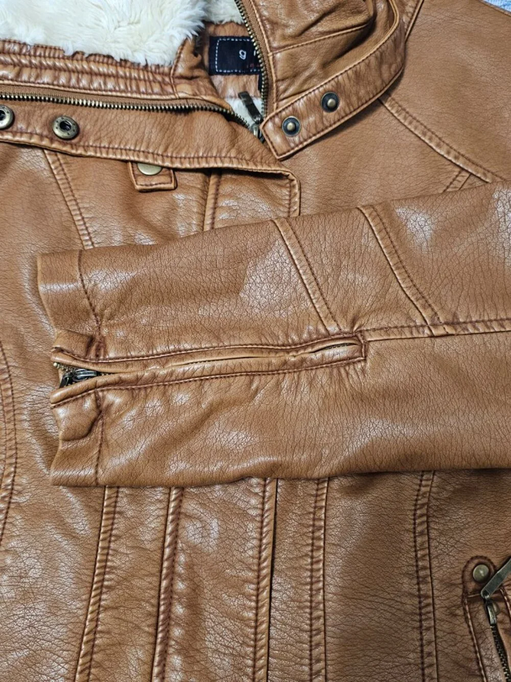 NEW Giacca Vegan Leather Khaki Sherpa Lining Women's Jacket - Size Medium - Picture 5 of 7